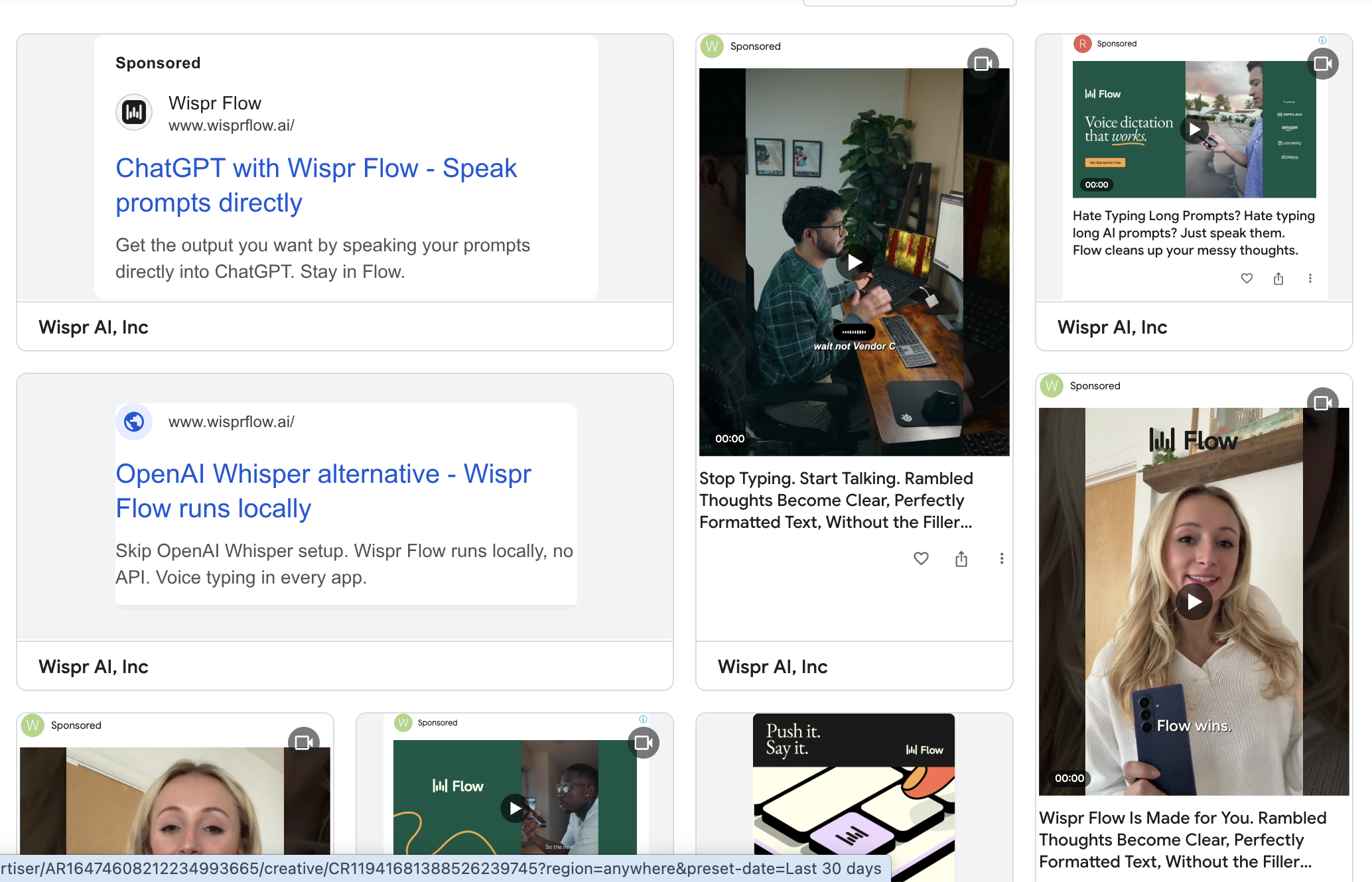 Wispr Flow Google ads: ChatGPT prompt dictation text ads and UGC video ads